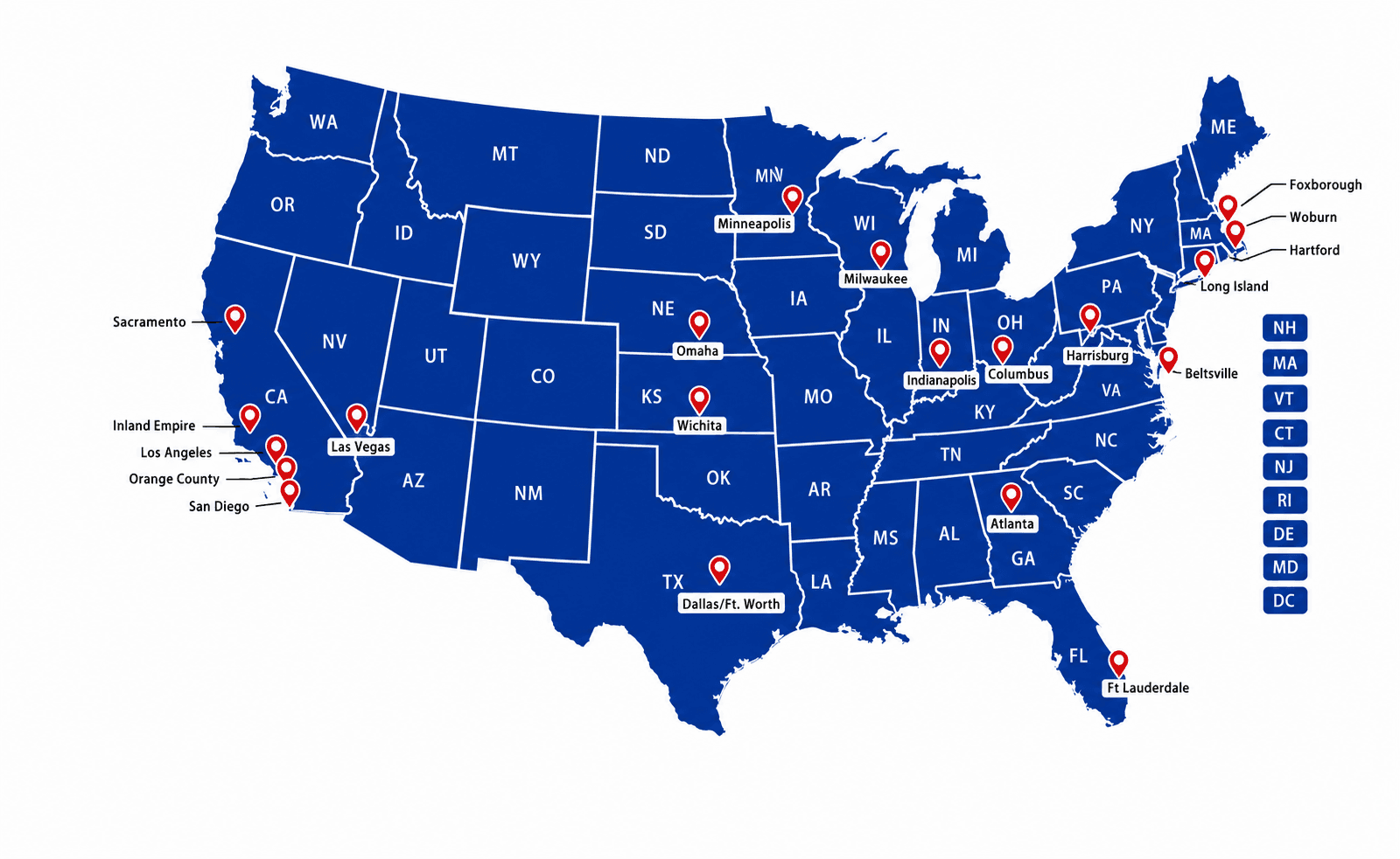 A blue map of the United States with red location pins marking major cities and regions.