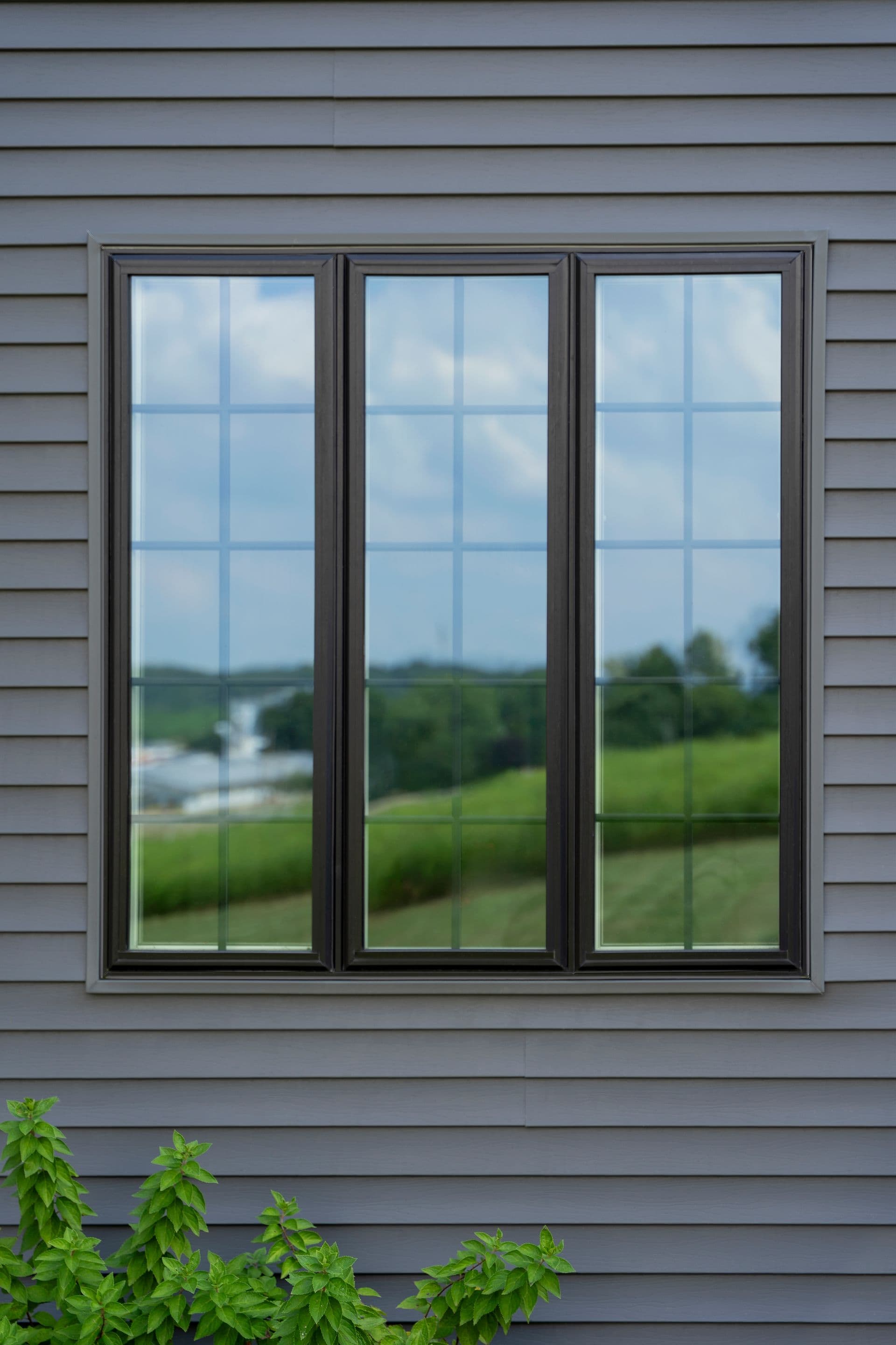 A dark-framed window on a gray house reflects a serene landscape of green fields and sky.