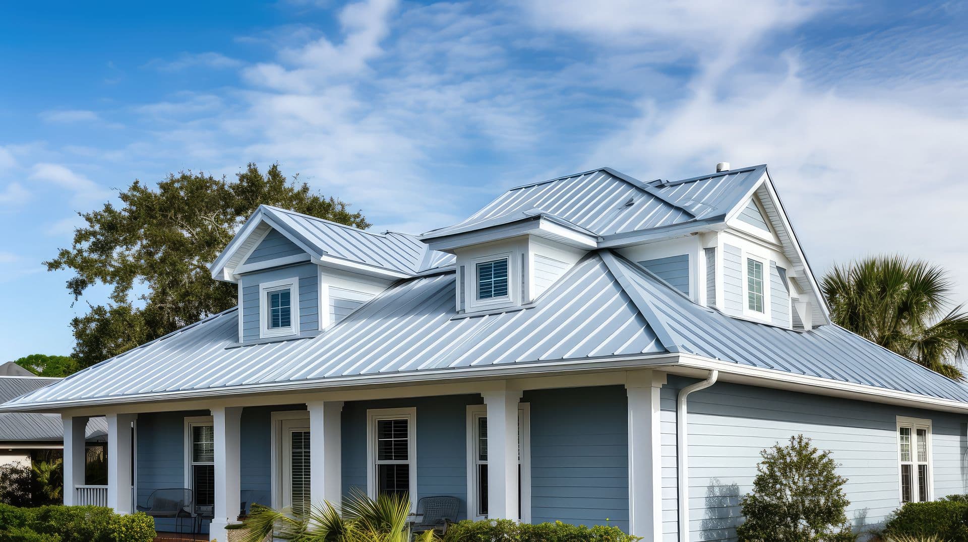A light blue house with a corrugated metal roof and white trim under a partly cloudy sky.