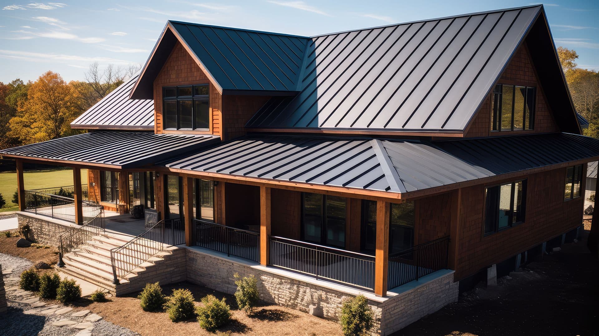 A contemporary wooden house with a metal roof and stone foundation, surrounded by autumn trees.