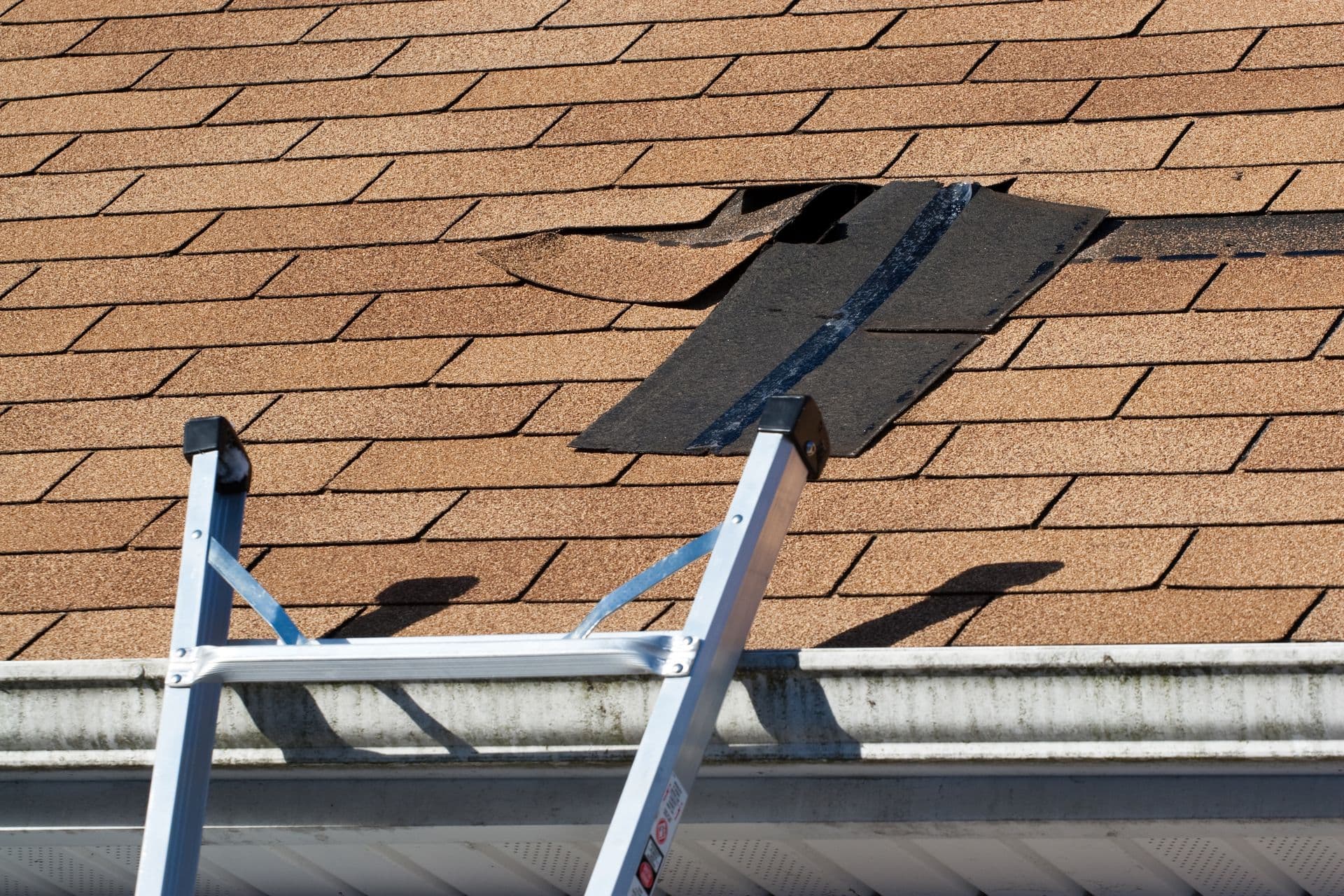 A damaged brown shingle roof with a patch and ladder nearby.