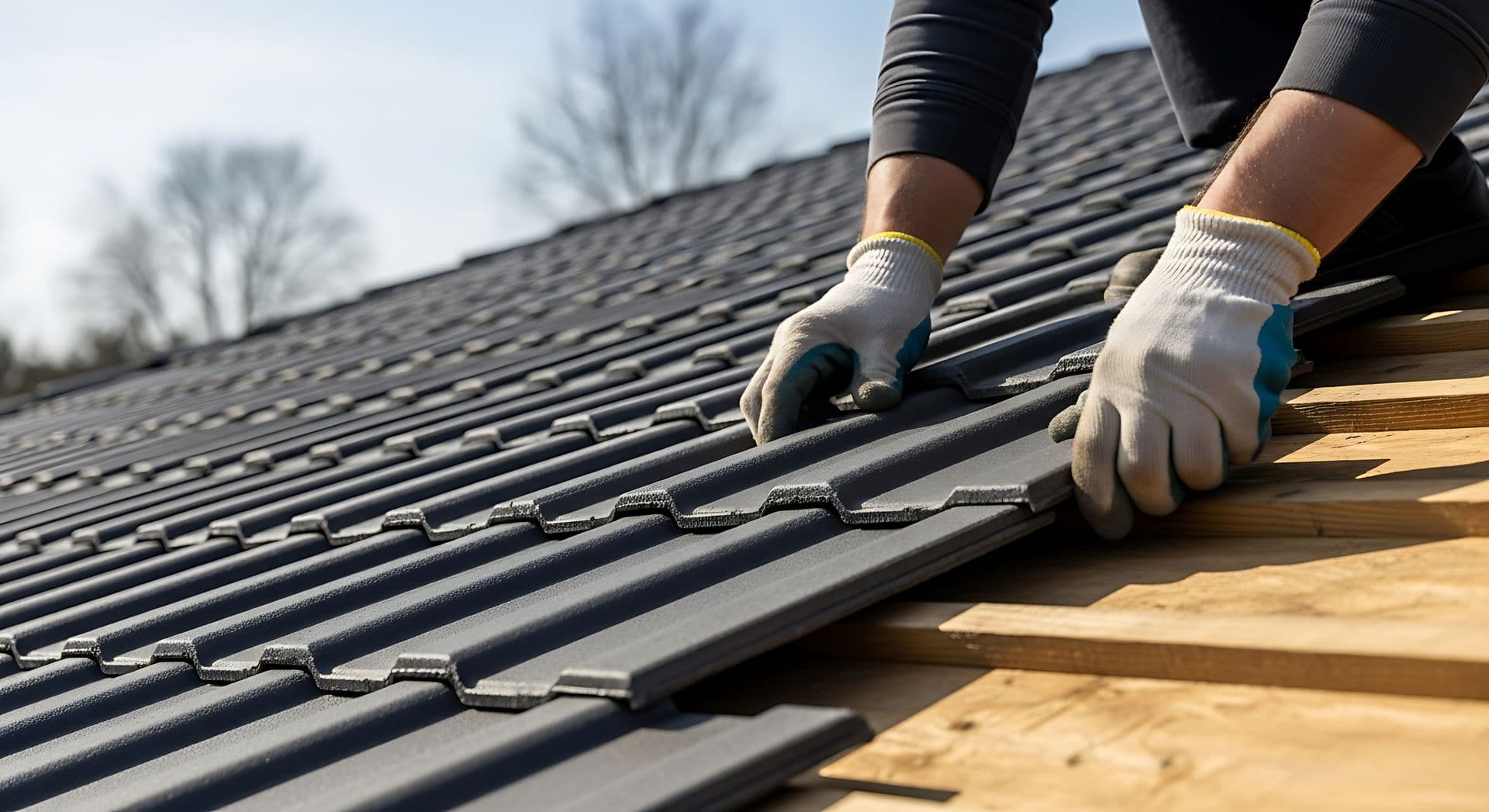 A worker in gloves carefully places a dark gray roof tile onto a wooden roof structure under a clear sky.